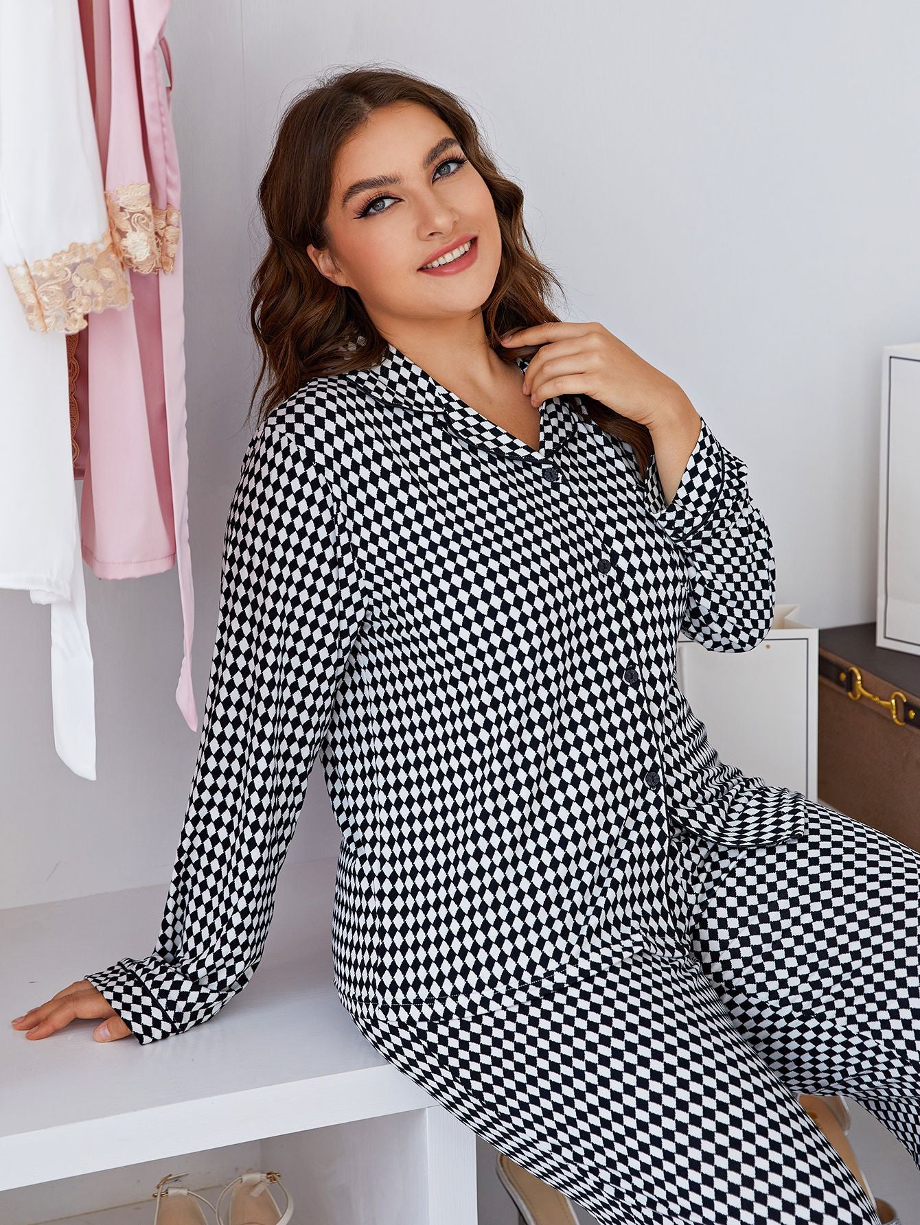 Women Plus Size Matching Plaid Pajama Set Loungewear