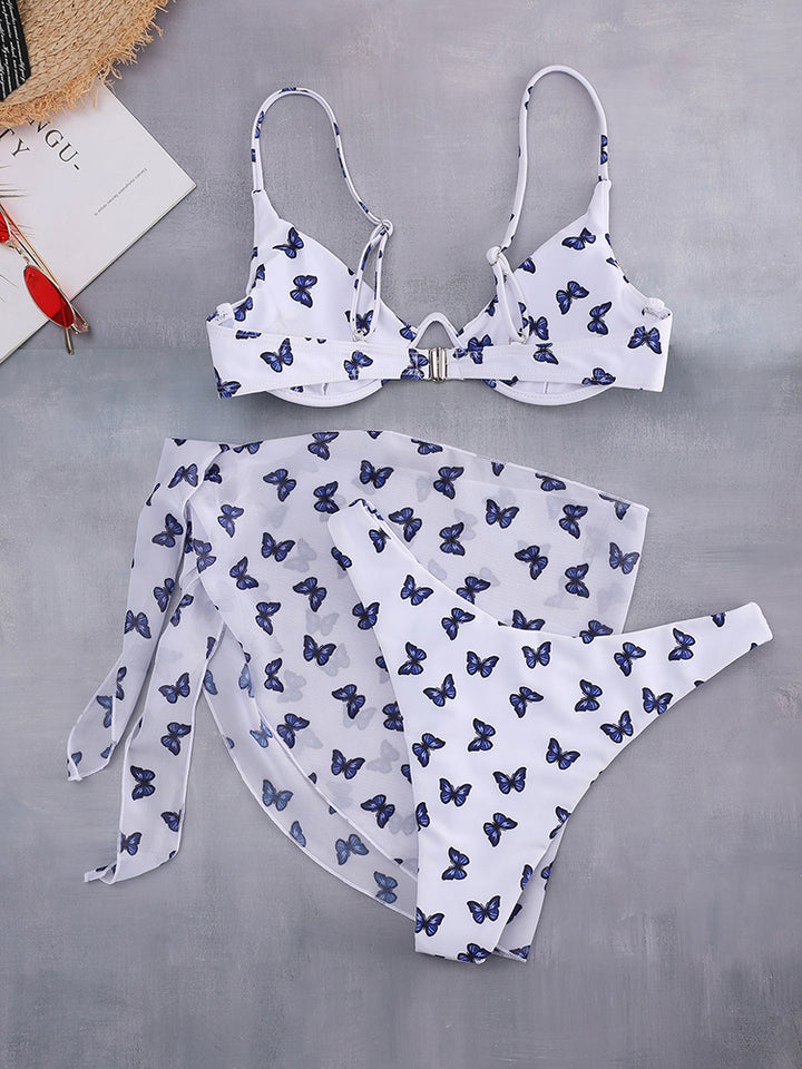 Butterfly Print Push Up Sexy Three-Piece Bikini Set