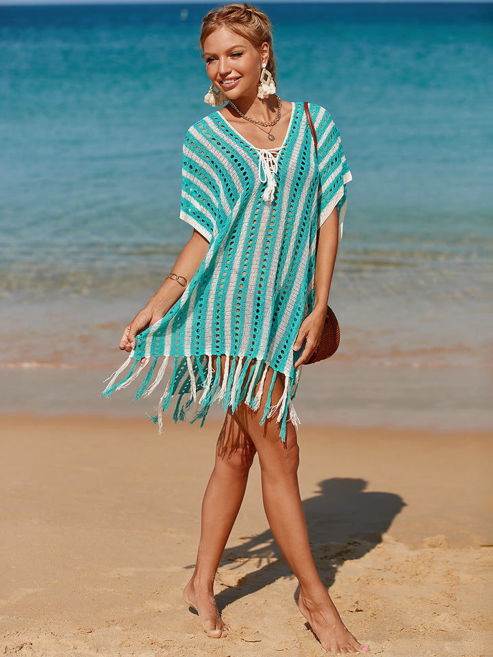 Women Hit Color Crochet Tassel Hem Pleats Hollow Out Cover Ups