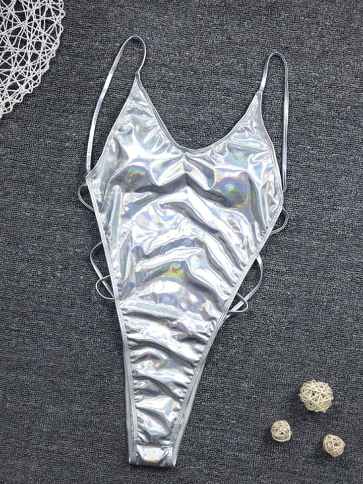 Sexy Metallic Glitter Female Shiny Solid High Cut One Piece Beachwear Swimsuit