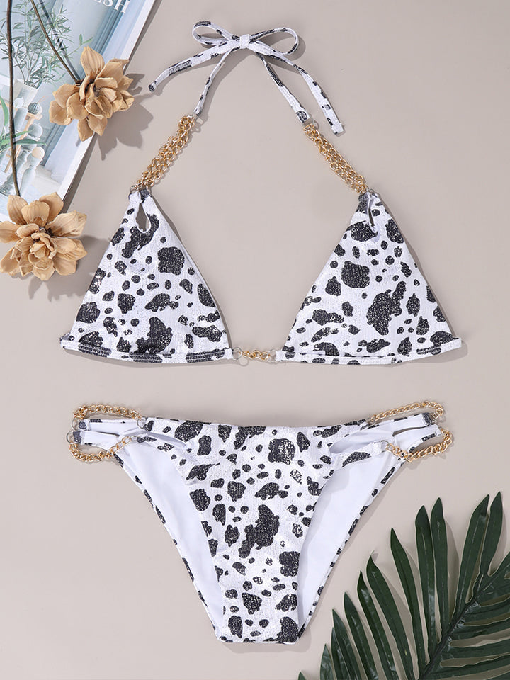 Women's Milk Speckled Printed Halter Triangle Top 2 Piece Bikini Bathing Suits