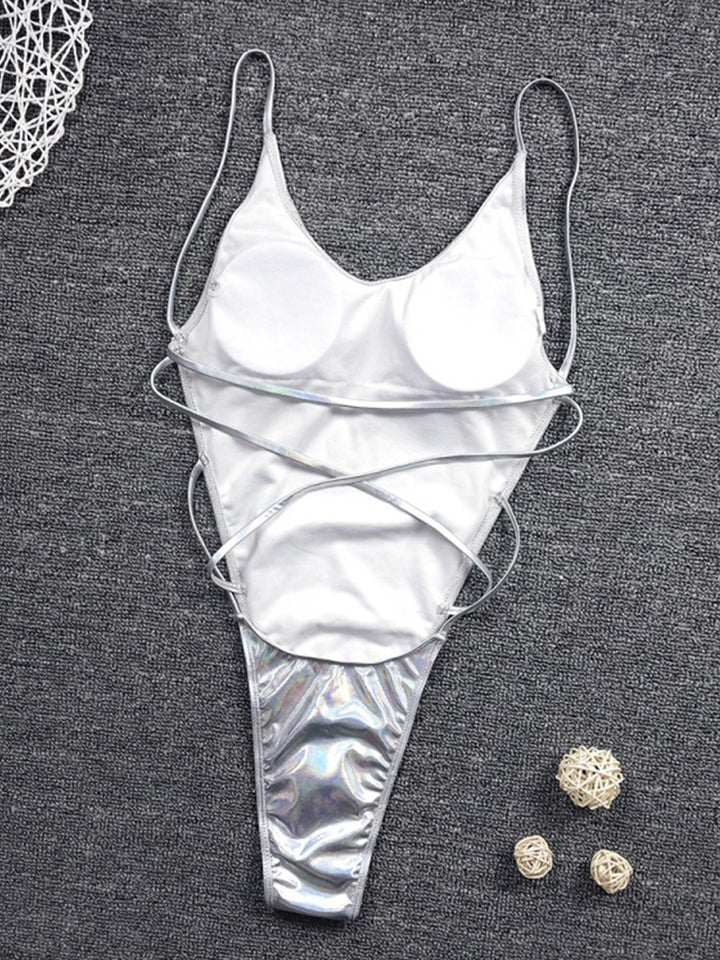 Sexy Metallic Glitter Female Shiny Solid High Cut One Piece Beachwear Swimsuit
