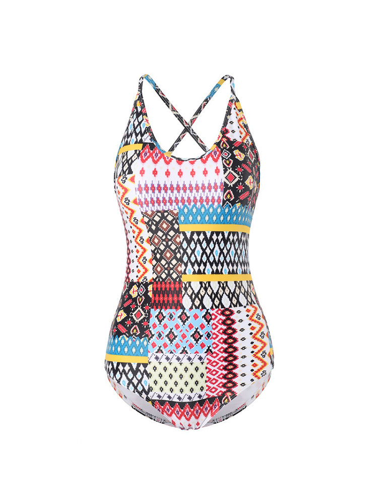 Ethnic Geometric Print  Criss Cross Tie backless One Piece Swimsuit