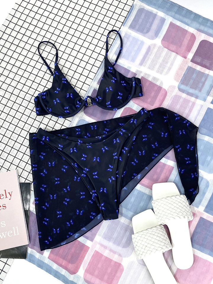 Butterfly Print Push Up Sexy Three-Piece Bikini Set