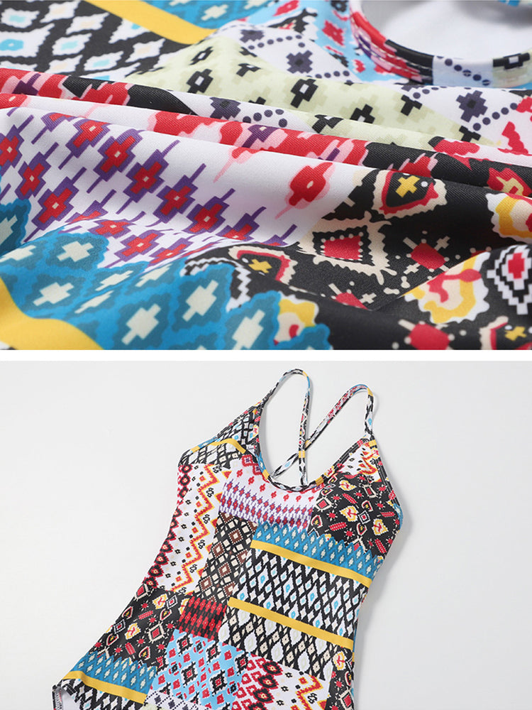 Ethnic Geometric Print  Criss Cross Tie backless One Piece Swimsuit
