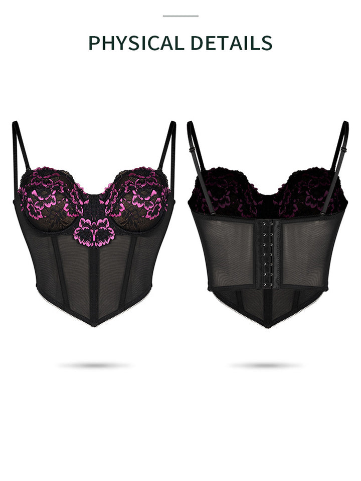 Sexy Floral Embroidery Top Lingerie Corset With Sling Fish Bone
