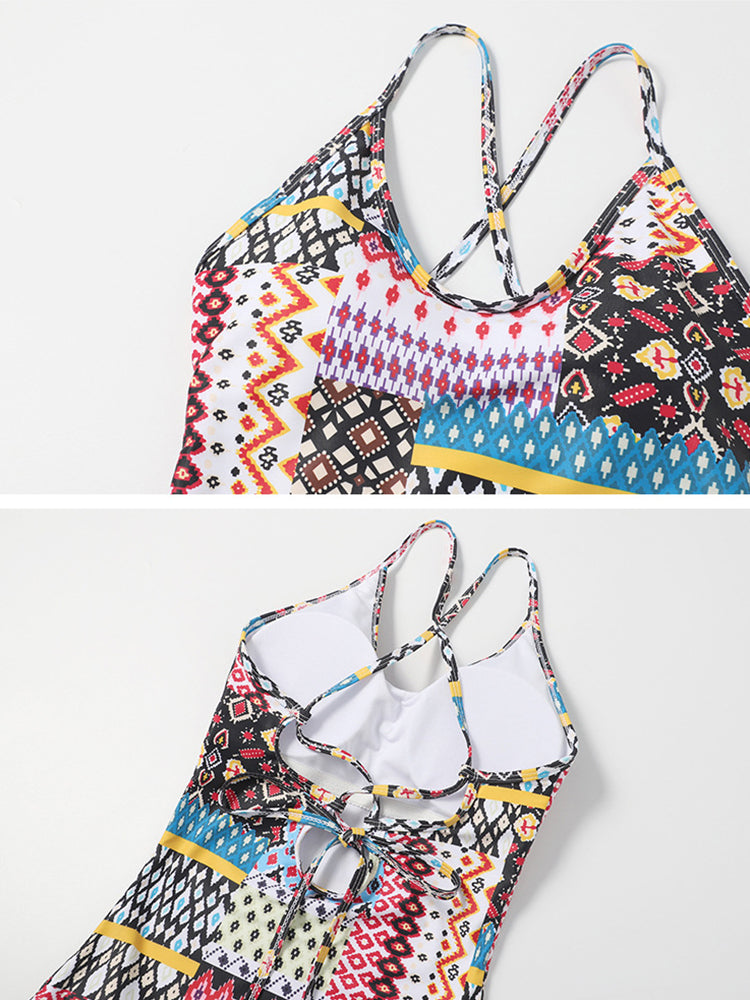 Ethnic Geometric Print  Criss Cross Tie backless One Piece Swimsuit