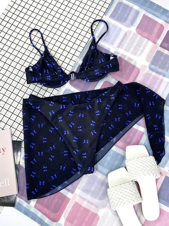 Butterfly Print Push Up Sexy Three-Piece Bikini Set