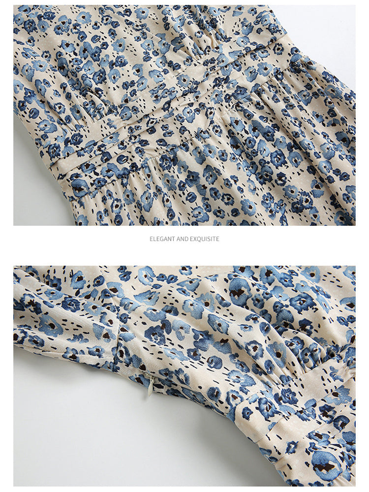 V-Neck Short Sleeve Slim Fit Blue Floral Dress