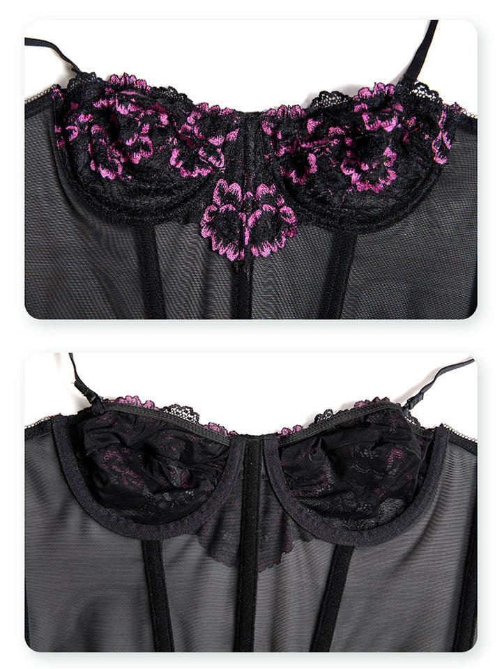 Sexy Floral Embroidery Top Lingerie Corset With Sling Fish Bone