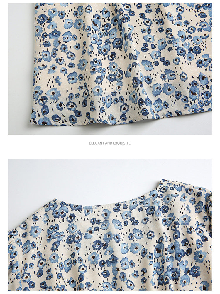 V-Neck Short Sleeve Slim Fit Blue Floral Dress