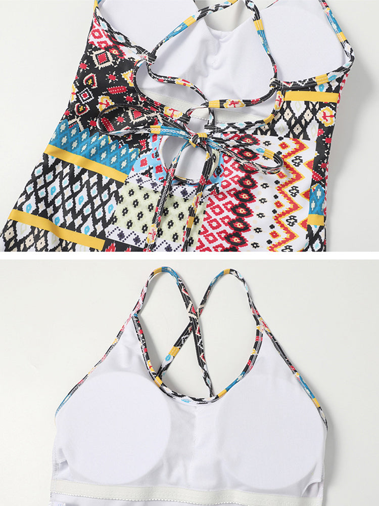 Ethnic Geometric Print  Criss Cross Tie backless One Piece Swimsuit
