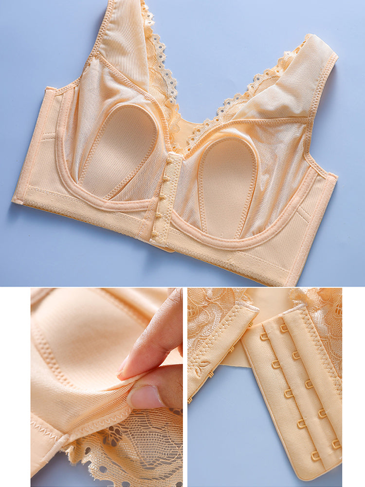 Breathable V-neck Lace Front Close Wireless Bra