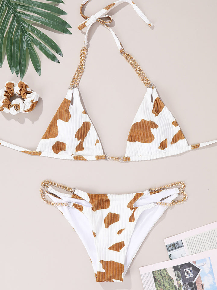 Women's Milk Speckled Printed Halter Triangle Top 2 Piece Bikini Bathing Suits