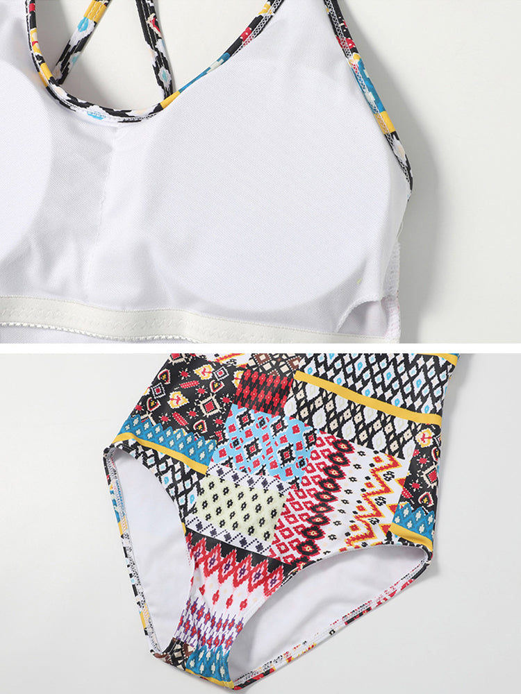 Ethnic Geometric Print  Criss Cross Tie backless One Piece Swimsuit