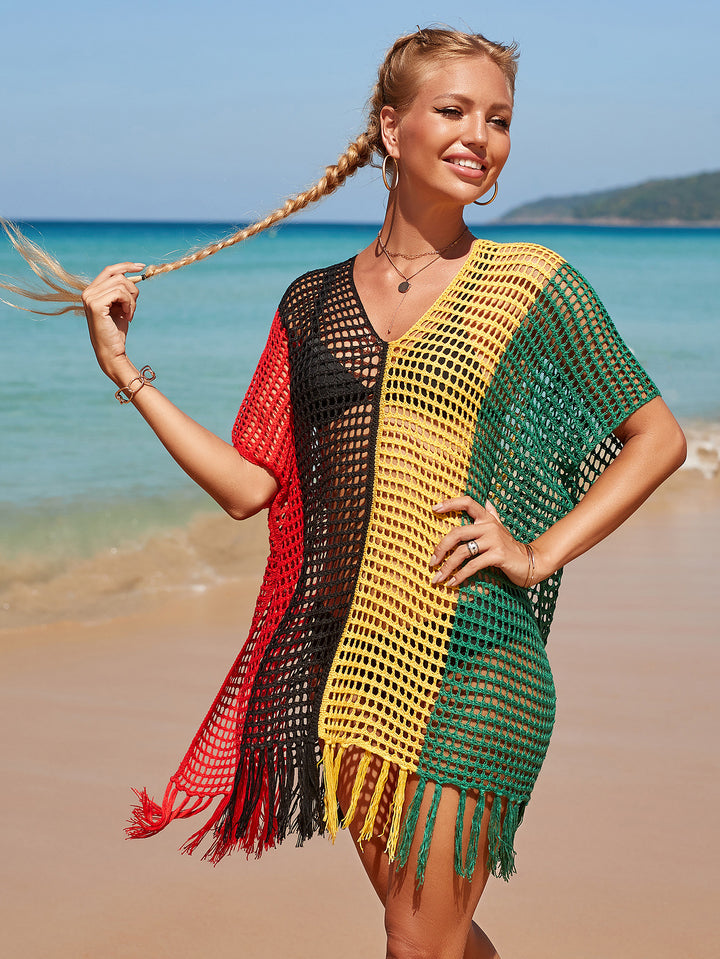 Women Hit Color Crochet Tassel Hem Pleats Hollow Out Cover Ups
