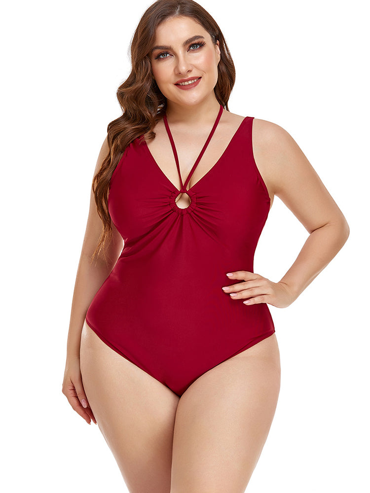 Plus Size Solid Color Cutout One Piece Swimsuits