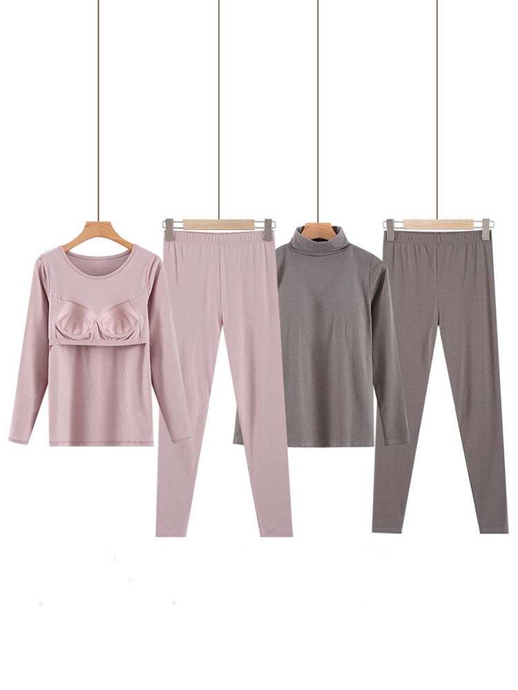 Women's Built In Padded Shelf Bra Round And High Neck Long Sleeve Underwear Loungewear Sets