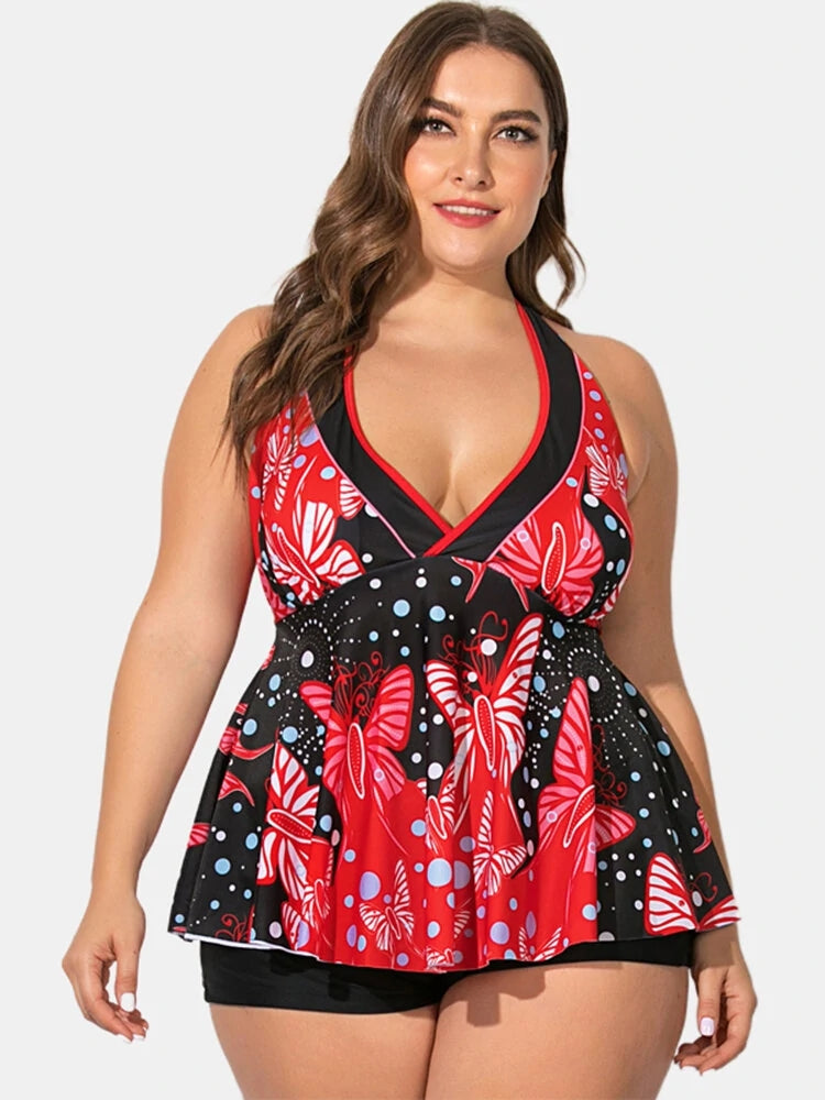 Plus Size Women Swimdress Butterfly Print Halter V-Neck Backless Swimwear