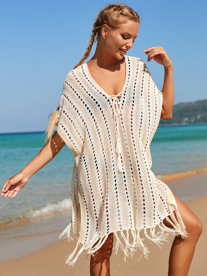 Women Hit Color Crochet Tassel Hem Pleats Hollow Out Cover Ups