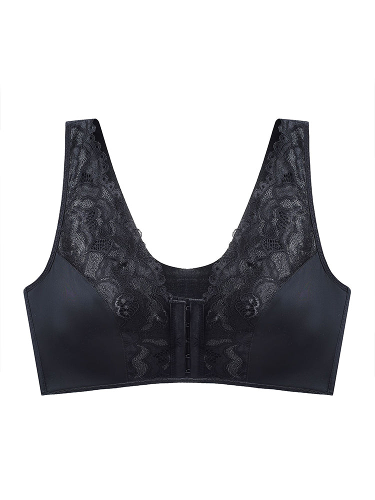 Breathable V-neck Lace Front Close Wireless Bra