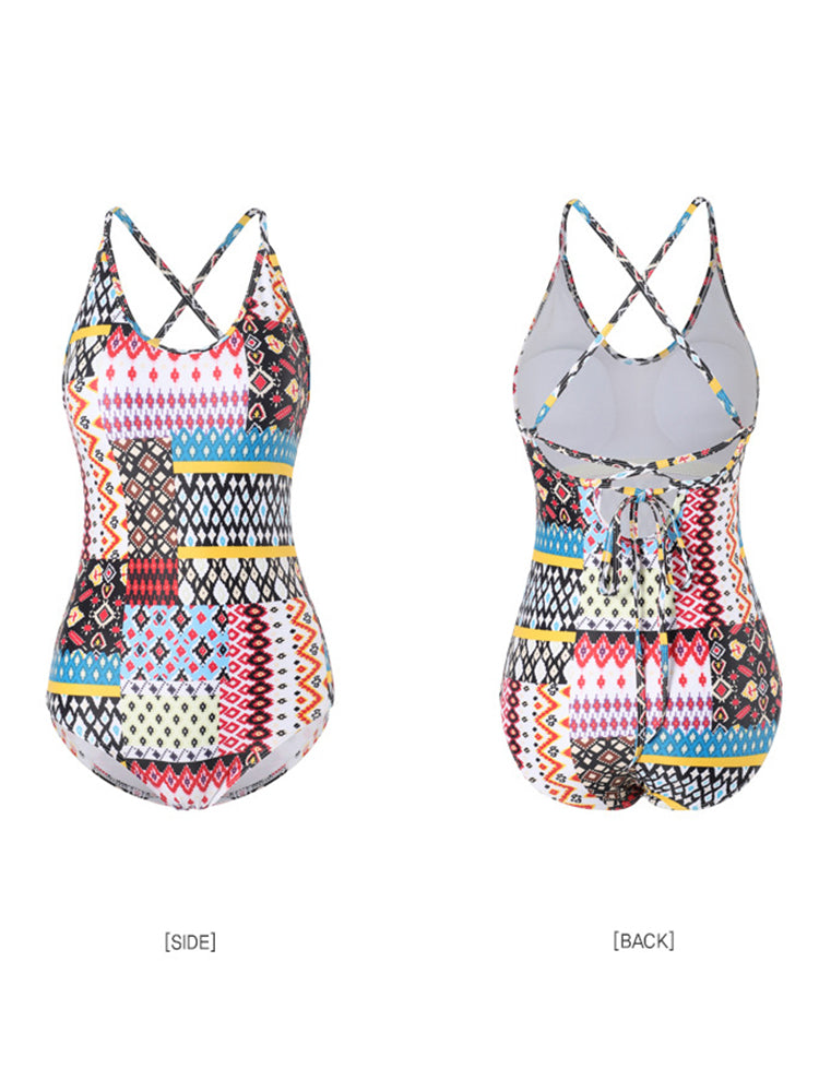Ethnic Geometric Print  Criss Cross Tie backless One Piece Swimsuit