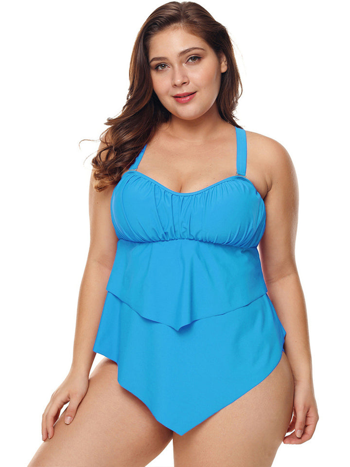 Plus Size Solid Color Lotus Leaf Hem Split Two Piece Swimsuit