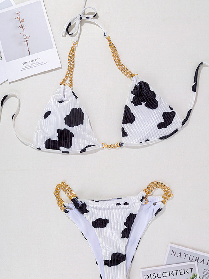 Women's Milk Speckled Printed Halter Triangle Top 2 Piece Bikini Bathing Suits