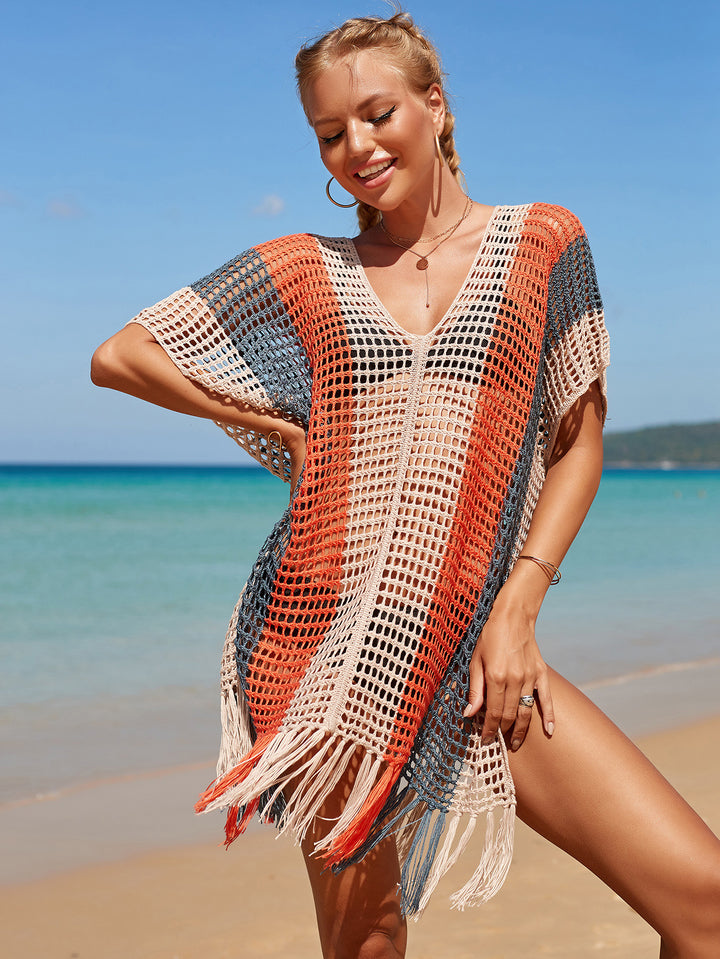 Women Hit Color Crochet Tassel Hem Pleats Hollow Out Cover Ups
