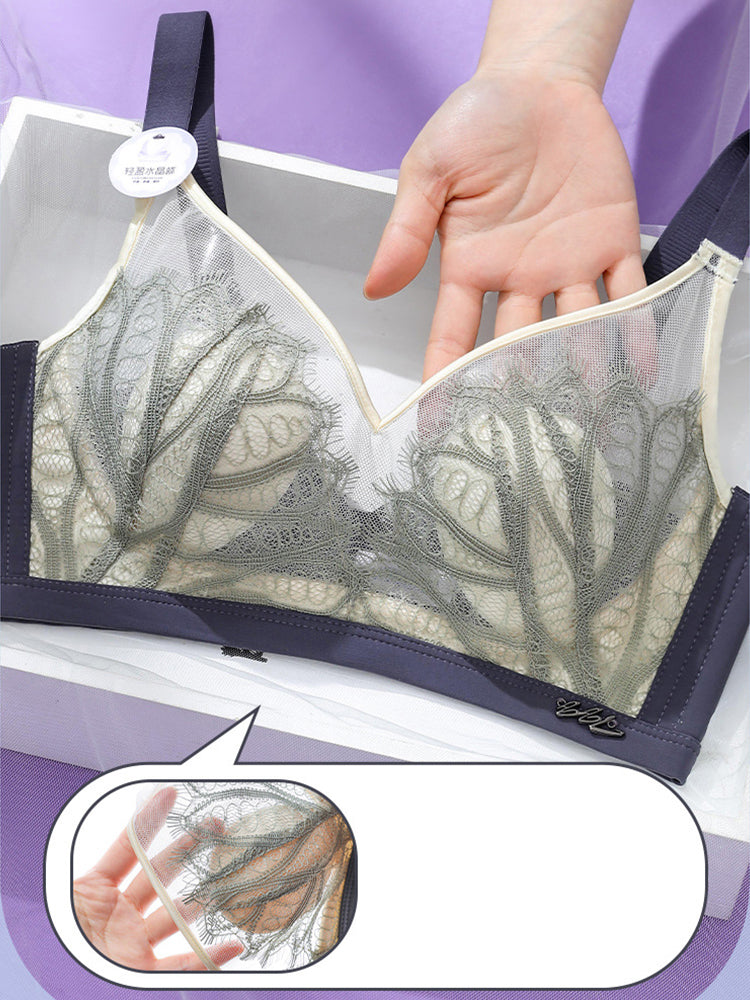 Women Jacquard Lace Trim Transparent Thin Wireless Bras