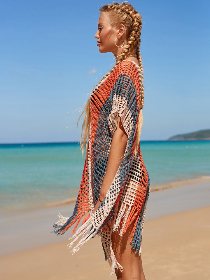 Women Hit Color Crochet Tassel Hem Pleats Hollow Out Cover Ups