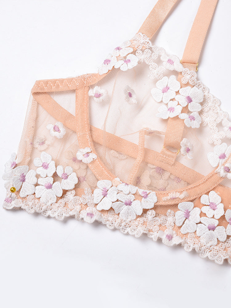 Sexy Flower Embroidery Sheer Mesh 3 Pieces Lingerie Set