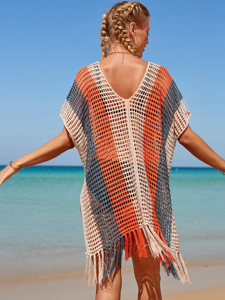 Women Hit Color Crochet Tassel Hem Pleats Hollow Out Cover Ups