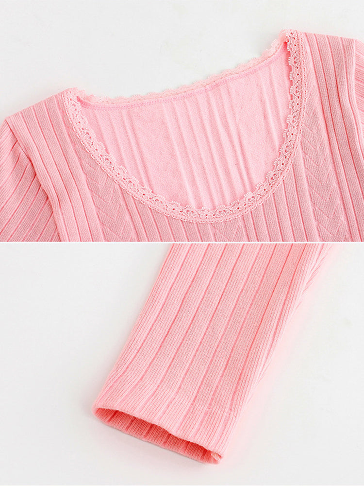 Round Neck Solid Color Striped Cotton Thermal Sets