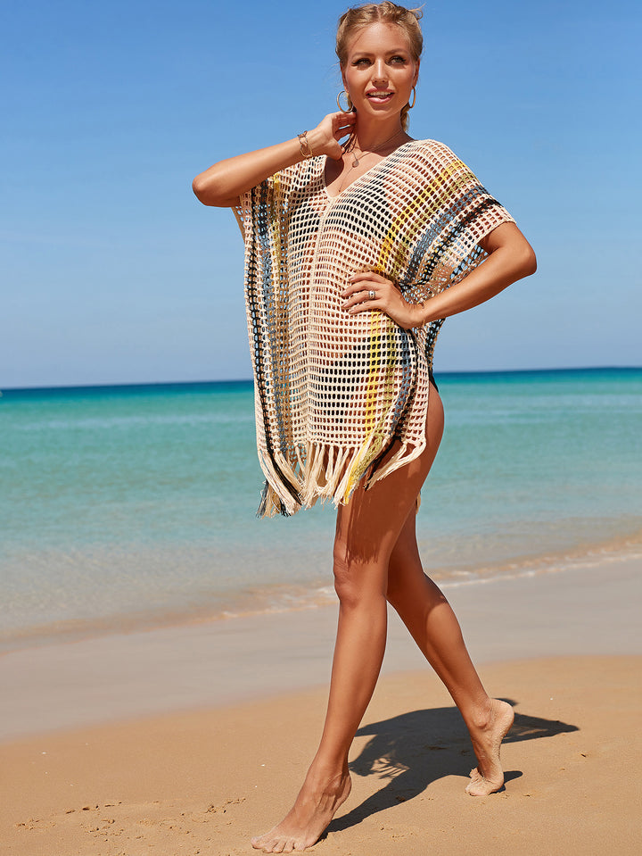 Women Hit Color Crochet Tassel Hem Pleats Hollow Out Cover Ups