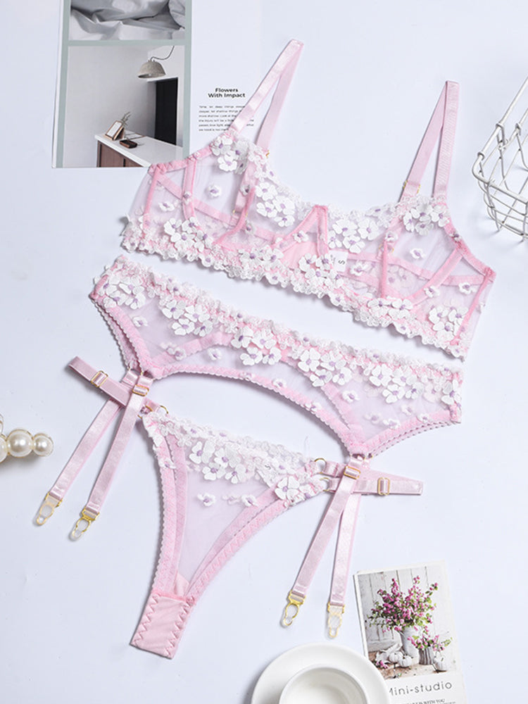 Sexy Flower Embroidery Sheer Mesh 3 Pieces Lingerie Set