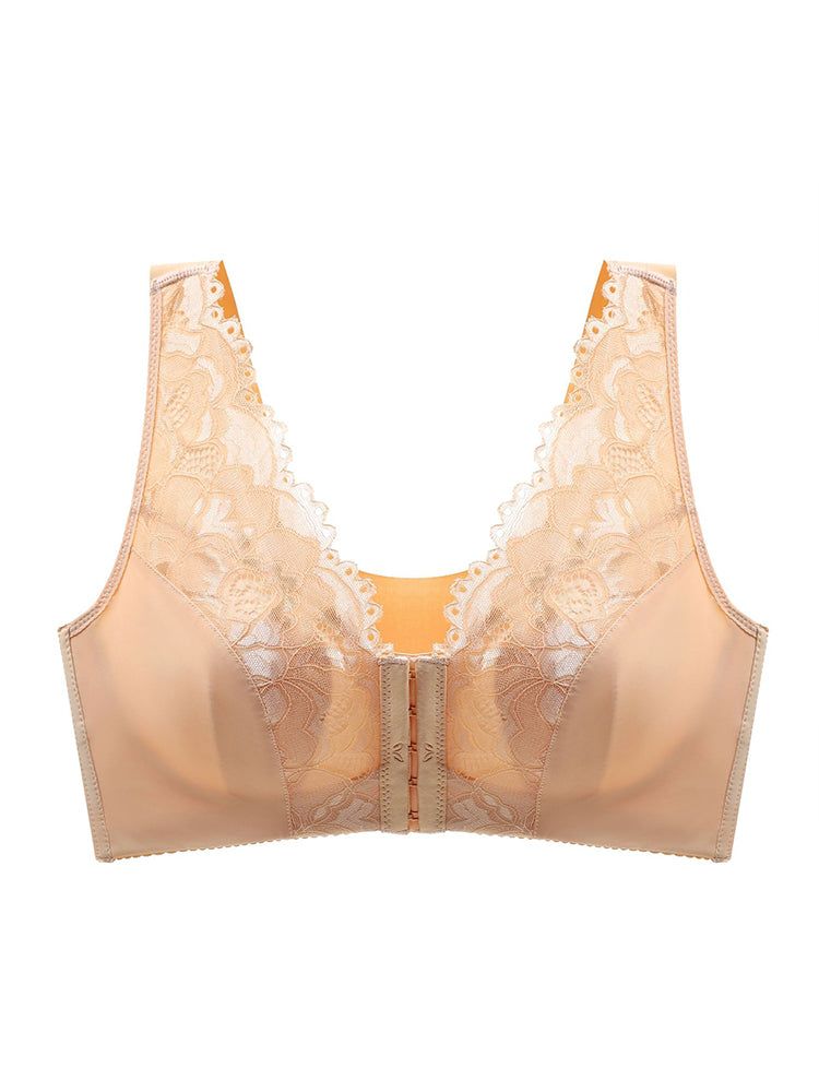 Breathable V-neck Lace Front Close Wireless Bra