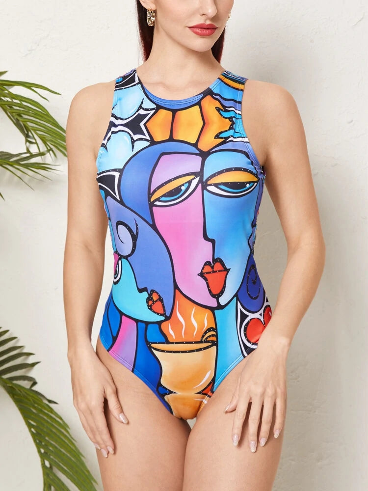 Face Abstract Print One-piece Swimsuit