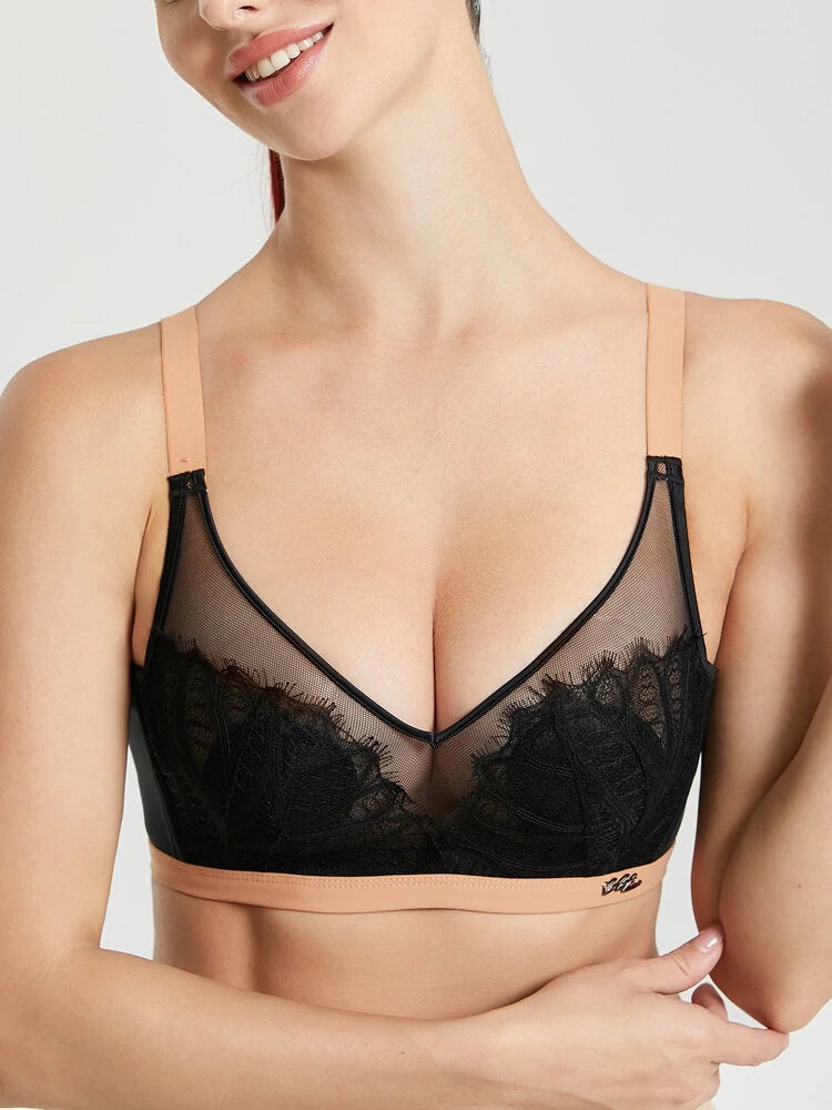 Women Jacquard Lace Trim Transparent Thin Wireless Bras