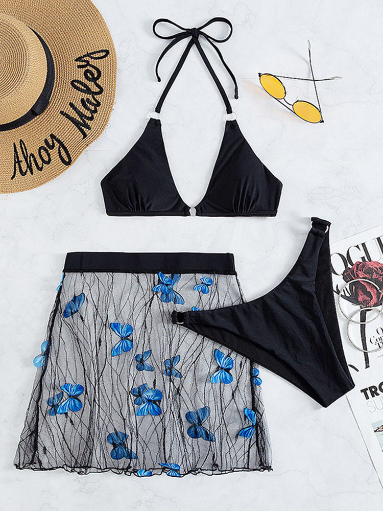 Black Sexy Bikini Butterfly Mesh Cover-Up Three Piece Set