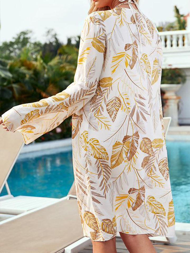 Leaf Print Long Sleeve Bikini Swimsuit Cover Ups