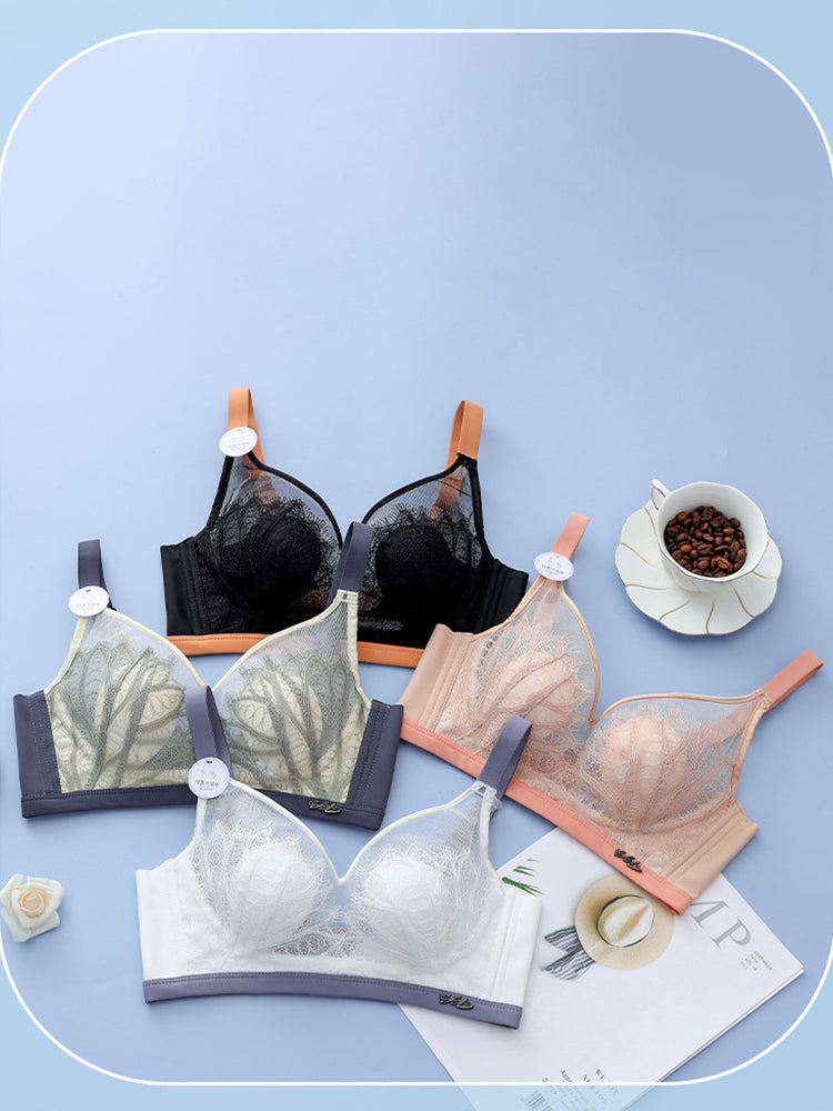 Women Jacquard Lace Trim Transparent Thin Wireless Bras