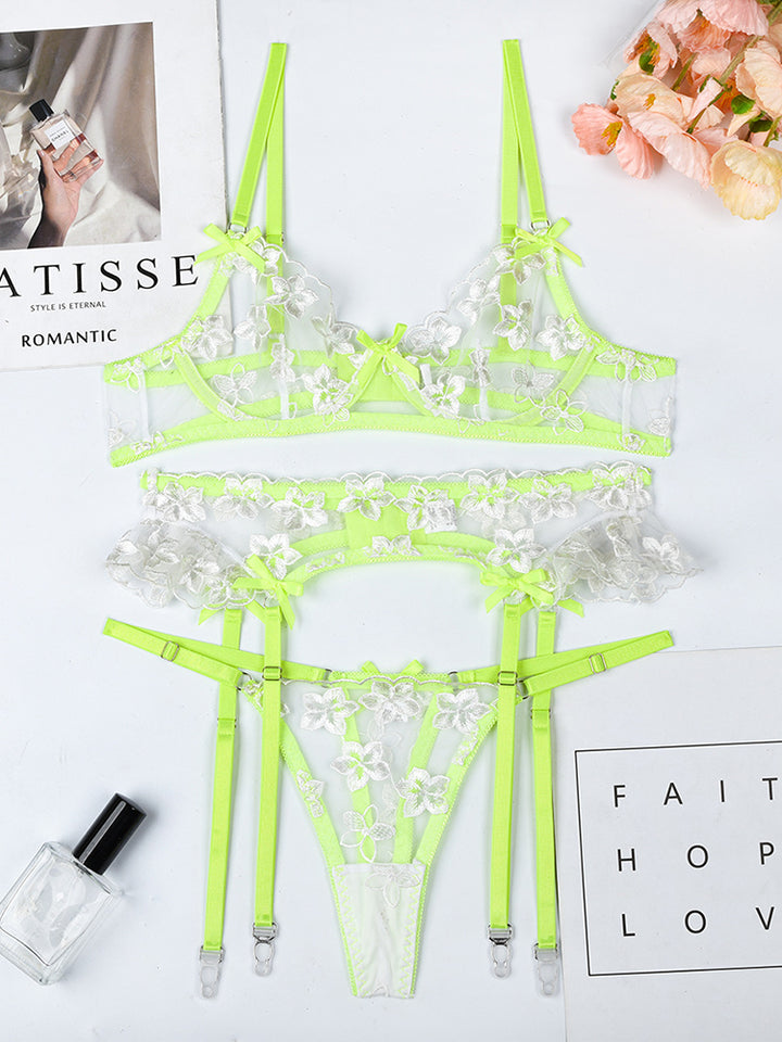 3 Piece Floral Embroidered Ruffle Sexy Underwire Lingerie Set