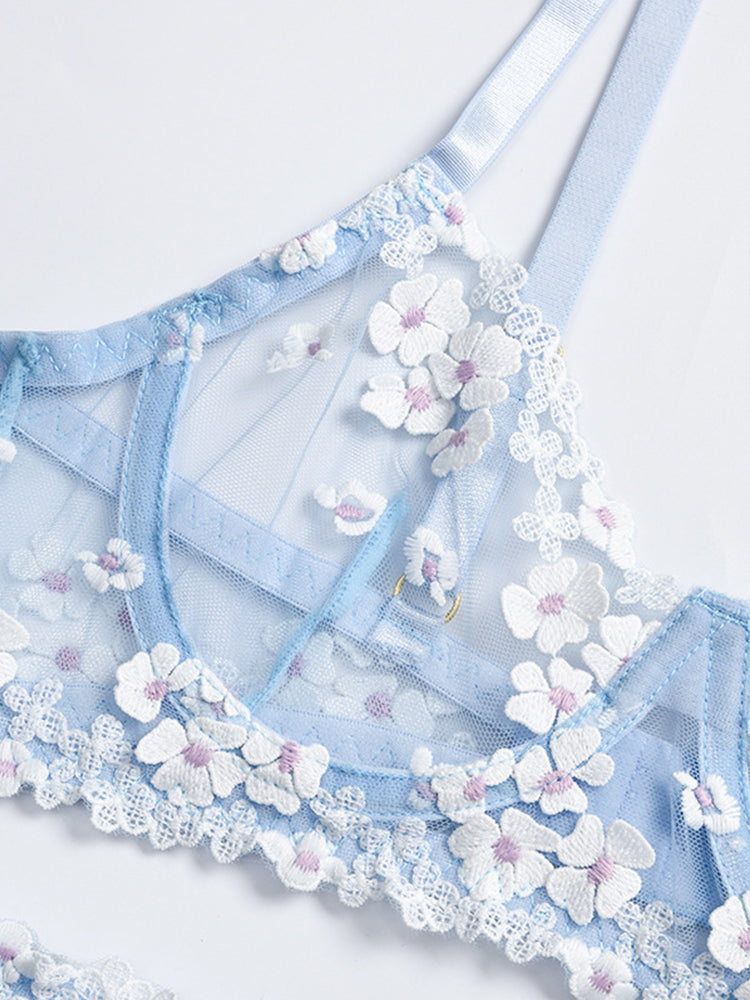 Sexy Flower Embroidery Sheer Mesh 3 Pieces Lingerie Set