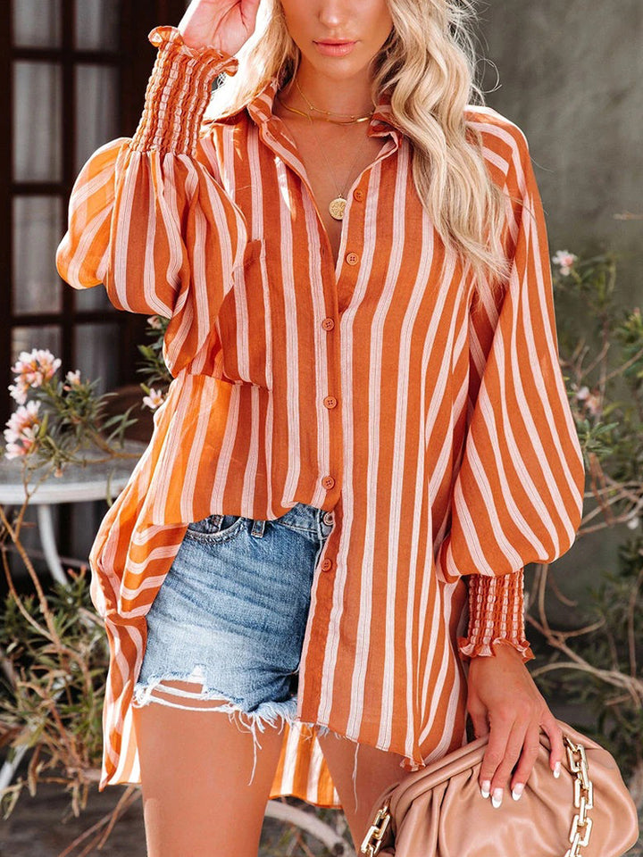 Women's V-neck Striped Beach Sunscreen Shirt