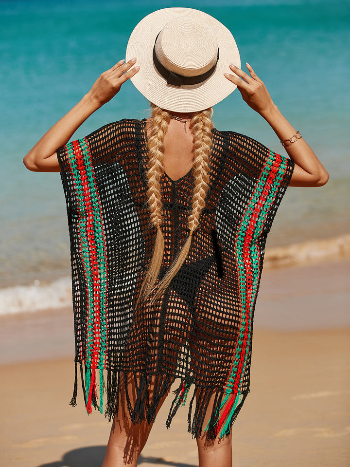 Women Hit Color Crochet Tassel Hem Pleats Hollow Out Cover Ups
