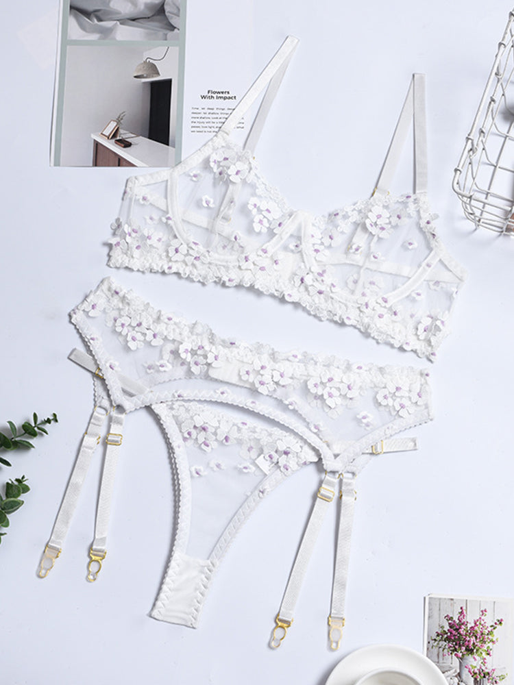 Sexy Flower Embroidery Sheer Mesh 3 Pieces Lingerie Set