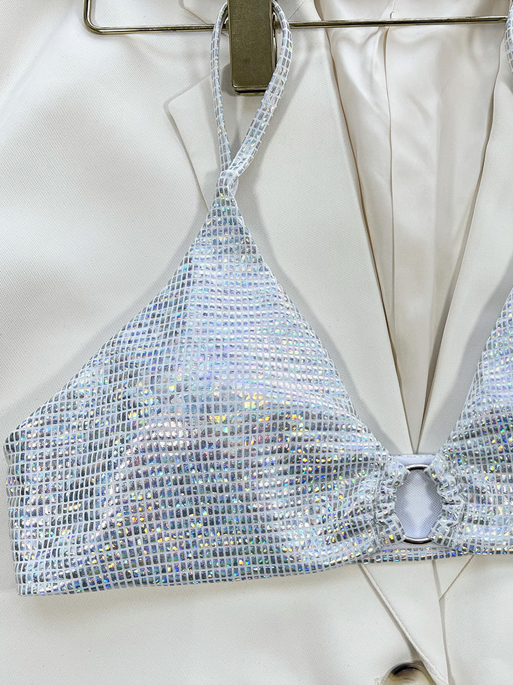 Women's Sparkle Glitter Bandage Bikini Set Swimsuit Triangle Bathing Suit