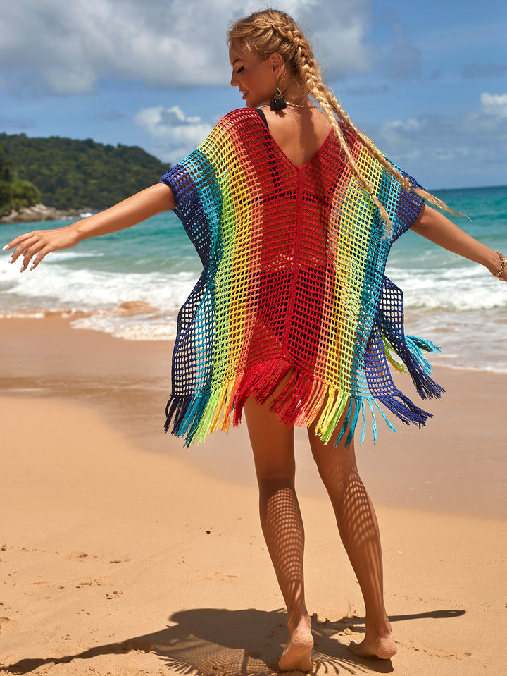 Women Hit Color Crochet Tassel Hem Pleats Hollow Out Cover Ups