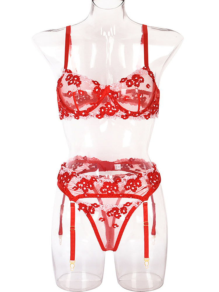 Sexy Flower Embroidery Sheer Mesh 3 Pieces Lingerie Set